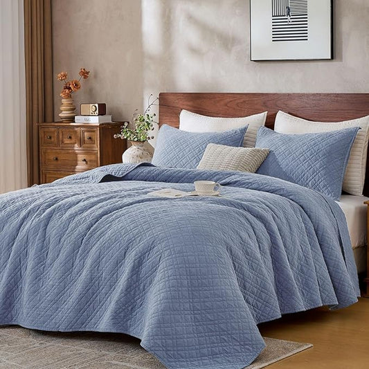 DOWN HOME Queen Quilt Set with Shams Lightweight Quilted Bedspread Coverlet Thin Comforter Bed Cover Vintage Washed Quilted Blanket for All Season, Brushed Microfiber Diamond Stitching, Blue, 88"x92"