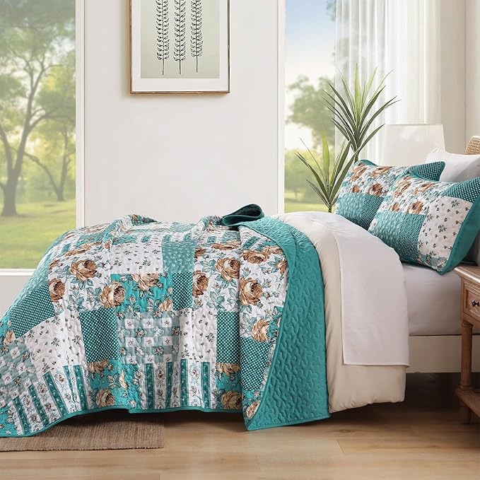 Anibedding Teal Quilt Set Queen Size Patchwork Floral Bedspread Coverlet, Soft Microfiber Farmhouse Boho Quilted Bedding Set, Teal Plaid Rustic Bed Cover for All Season 96''x90''