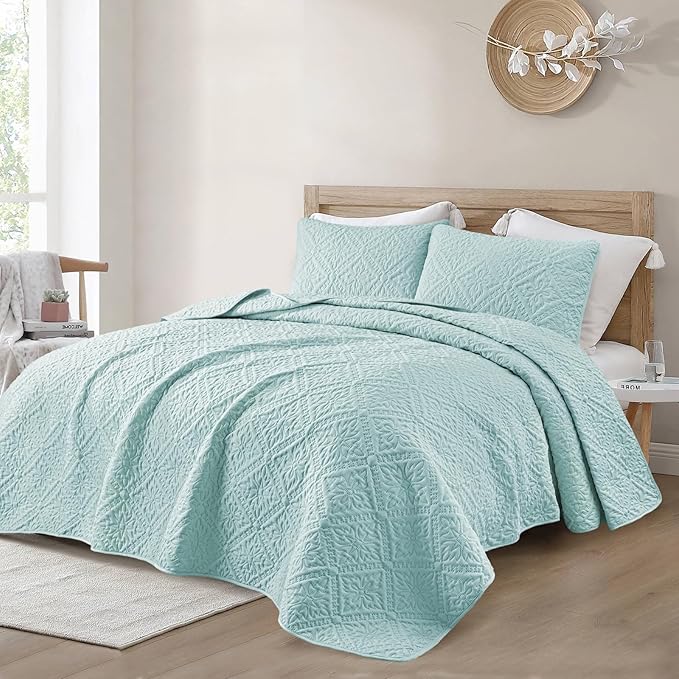 Exclusivo Mezcla Twin Quilt Bedding Set, Lightweight Soft Bedspreads Coverlets with 1 Pillow Sham, Modern Aqua Blue Quilts Twin XL Size for All Seasons