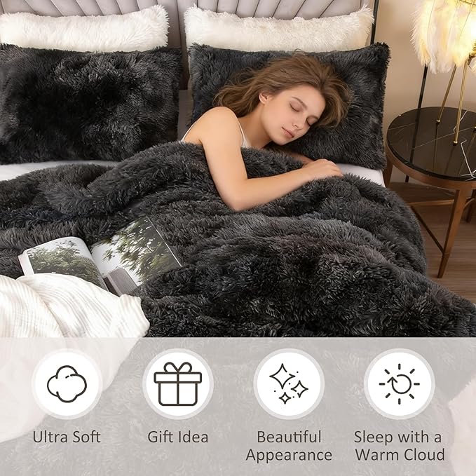 EMME Luxury Fuzzy Duvet Cover Set King Size Fluffy Comforter Cover Set for King Bed 2 Pieces Shaggy and Plush Soft Bedding Duvet Covers (Tie Dye Black, King)