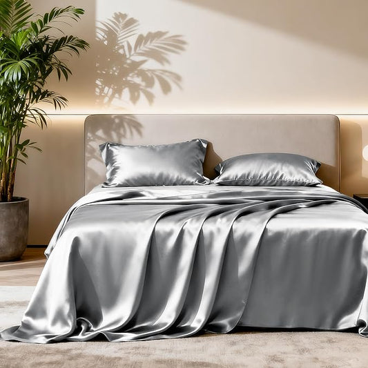 Love's cabin Full Size Satin Sheet Sets - 4 Piece Dark Grey Silky Sheet with Deep Pocket, Luxury Silk Feel Satin Bed Sheets Full Bedding Set (1 Flat Sheet,1 Fitted Sheet,2 Pillow Cases)