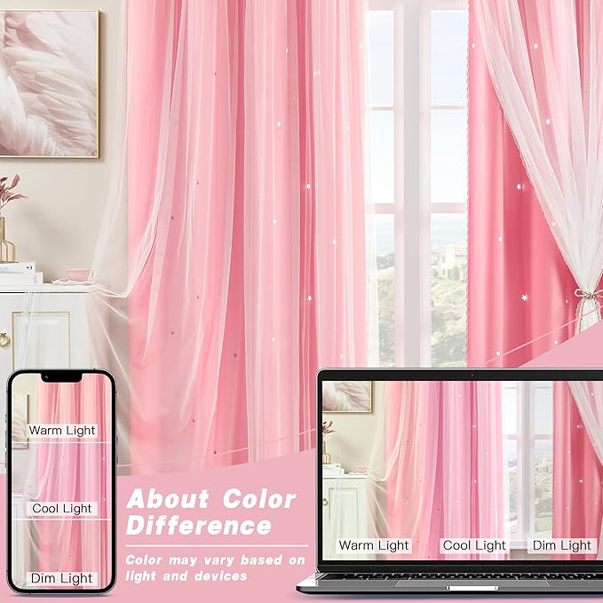 XiDi Pink Curtains with Sheer Overlay for Girls Bedroom 2 Panels Blackout Double Layer Curtains 45 Inches Length for Kids Princess Nursery Room Star Cut Out Grommet Small Window Drapes W52 X L45