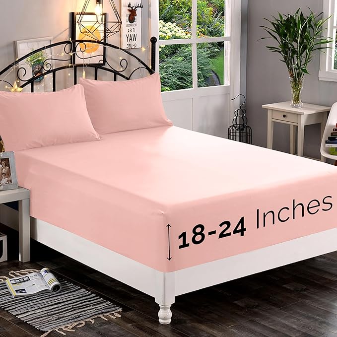 Elegant Comfort 1500 Premium Quality Fitted Sheet Ultra Soft 18-24 Inch Extra Deep Pocket - Single Fitted Sheet for High Mattress - Wrinkle Free with Smart Storage Pockets, Queen, Blush