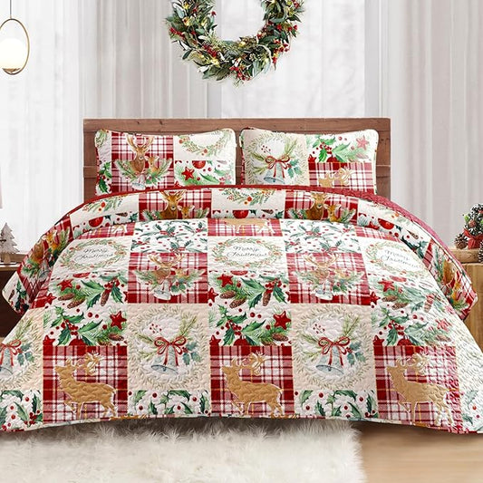 Exclusivo Mezcla Reversible Christmas Quilts Twin Size, Red Bedspread Lightweight Coverlet Winter Patchwork Quilt Bedding Set with Printed Reindeer Wreaths Pattern (1 Quilt, 1 Pillow Sham)
