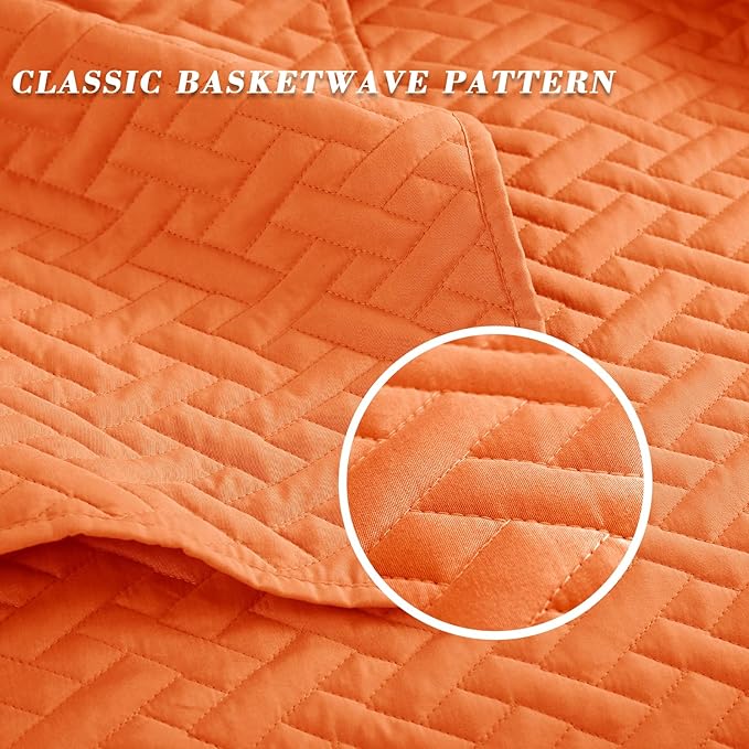 Exclusivo Mezcla King Size Quilt Bedspreads with Basket Weave Pattern, Soft Lightweight Summer Quilts Bedding Set Coverlets Bed Cover for All Seasons, Orange