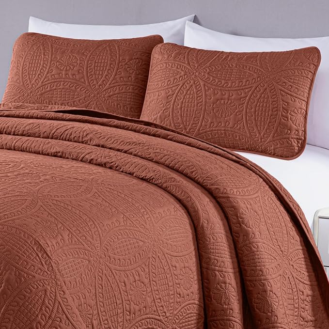 Chezmoi Collection Austin King Bedspread Set 3-Piece Pinsonic Quilted Oversized Bedspread Coverlet Set, King, Terracotta