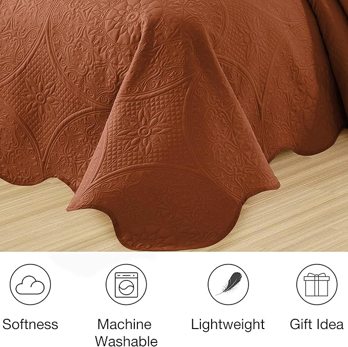 MOONLIGHT20015 King Quilt Bedding Set Size (106" x 96") + 2 Pillow Shams (20" x 36"+ 2") - 3 Pcs All Season Lightweight Reversible Quilt Bedspread Microfiber Floral Embossed Coverlet (Rust)