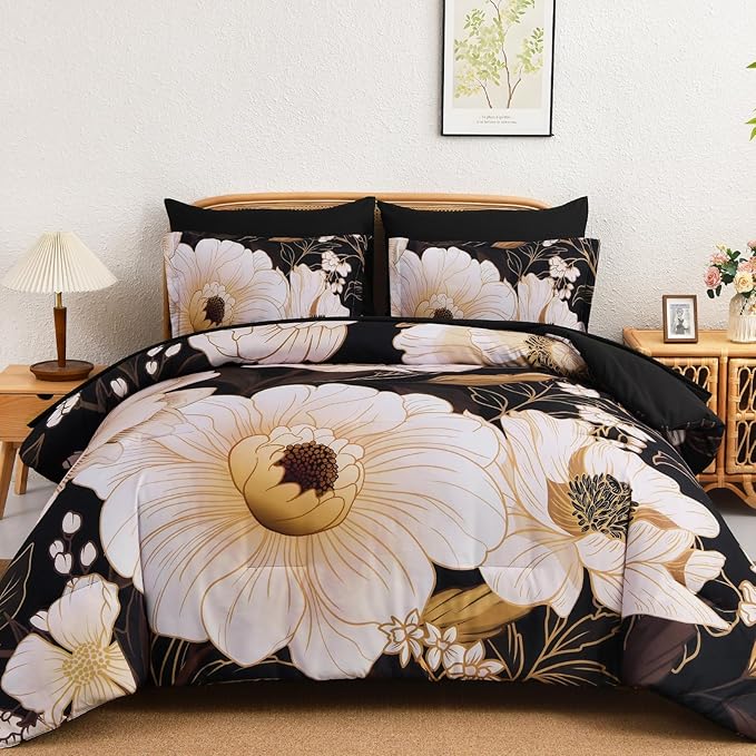 Xruibed Black Glod Floral Comforter Set Queen Size 7 Pieces Bed in a Bag Flower Bedding Sets Lightweight Boho Bed Set with Sheet,Pillowcases&Shams for All Season