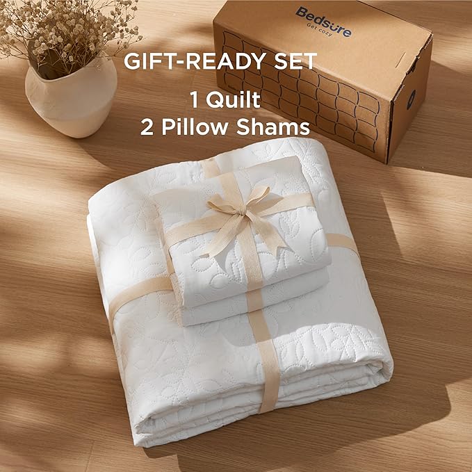 Bedsure Quilts Queen Size - Ultra Soft Pre-Washed Cloud-Like Bedding, All-Season Lightweight Comforter for Country Bedroom, Leaf Design Coverlet in Pure White, 90 x 96 Inches