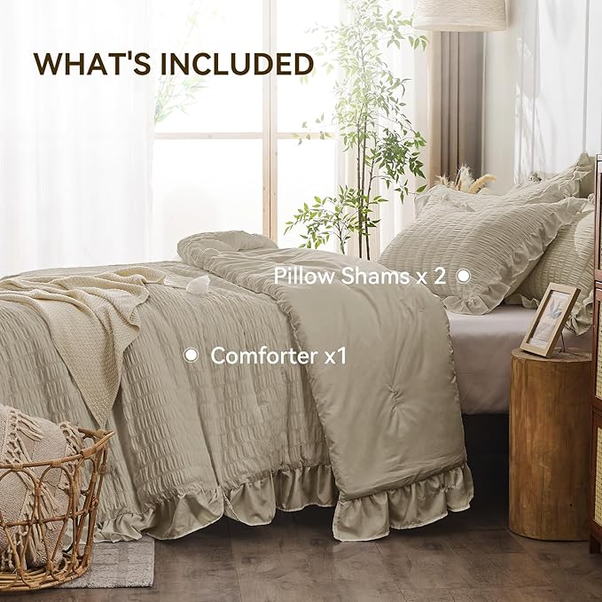 JOLLYVOGUE King Size Comforter Set, 3 Pieces Linen Seersucker Comforters King Size, Lightweight & Fluffy Bedding Sets King for All Season with 1 Ruffle Comforter and 2 Ruffle Pillowshams