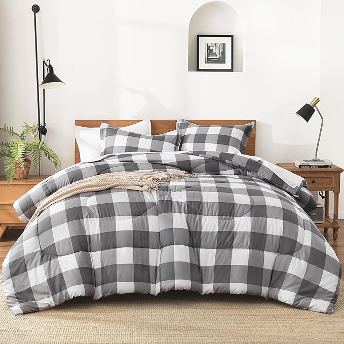 Andency Plaid Comforter Queen(90x90Inch), Gray White Checkered Gingham Buffalo Bed Set for Boys Teens, Lightweight Bedding, 3 Pieces(1 Comforter & 2 Pillowcases)
