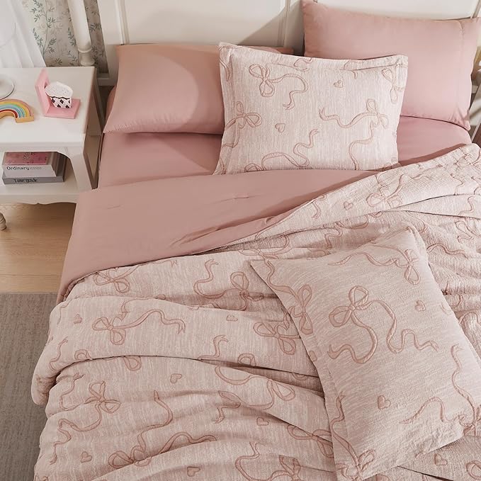 Geniospin Pink Full Comforter Set for Girls- 7 Pieces Bowknot Jacquard Bed in A Bag Full Bedding Sets with Sheets, Pillowcases & Shams, All Season Kids Comforter Set
