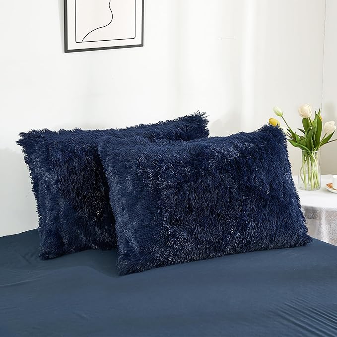 annadaif Fluffy Duvet Cover Full Size, Navy Blue Plush Shaggy Faux Fur Comforter Cover Velvet Bedding Set with Zipper Closure(1 Duvet Cover, 2 Pillowcases)