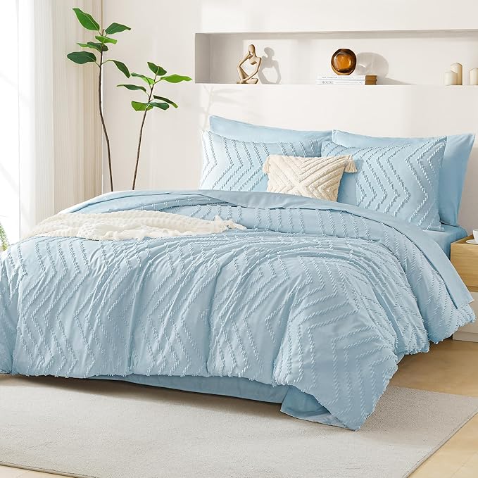 Litanika Light Blue King Size Comforter Set with Sheets - 7 Pieces Bed in a Bag King Boho Tufted Complete Bedding Sets with Comforter, Sheets, Pillowcases & Shams