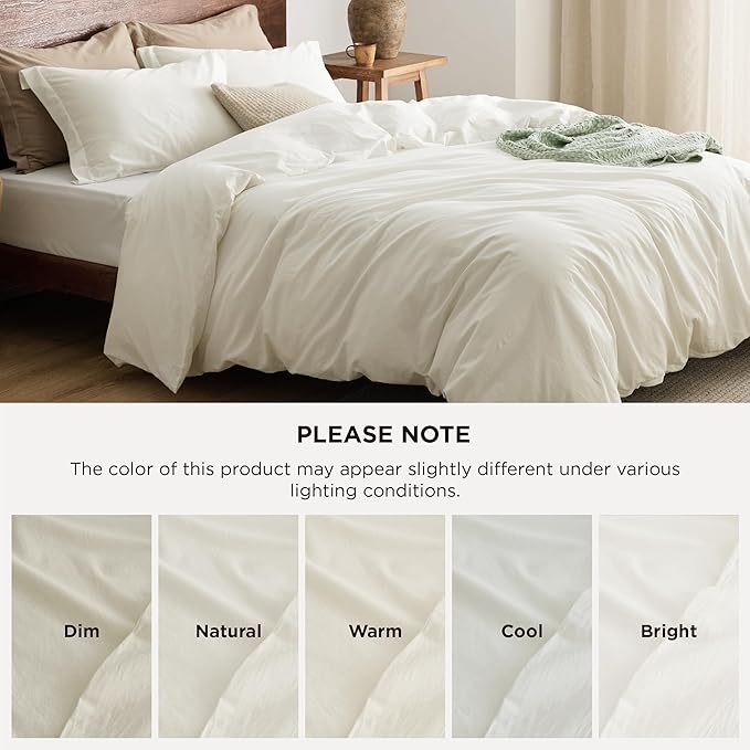 Bedsure 100% Washed Cotton Duvet Cover Queen Size - Ivory Minimalist Cotton Duvet Cover Linen Like for All Seasons - GentleSoft™ Plain Simple Bedding, 3 Pieces (Ivory, Queen, 90"x90")