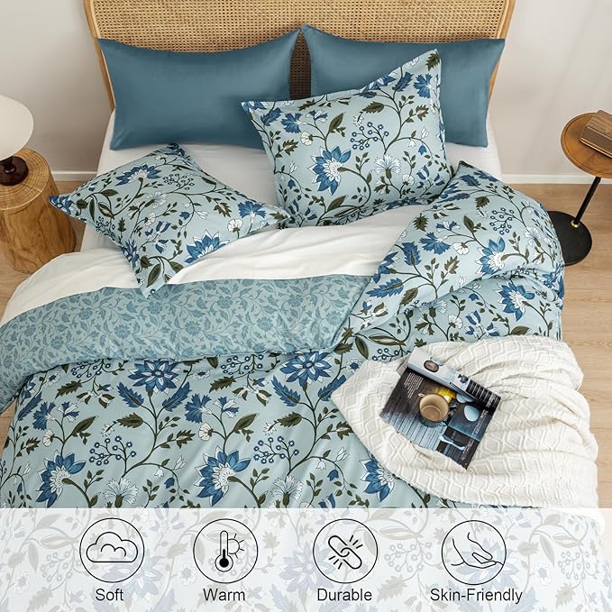 PHF Ultra Soft Floral Duvet Cover Queen Size, Printed Bedding Set 3 Pieces, Comfy Farmhouse Pattern Duvet Cover Set with 2 Pillow Shams, Zipper Closure and 8 Ties, 90"x90", Flower-Dusty