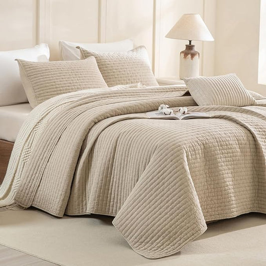 CozyTide Stone-Washed Cotton Queen Quilt(90"x98"),Wheat Stitching Queen Quilt Bedding Set Lightweight Modern Bedspreads & Coverlets for All Season 3Pcs (1 Soft Bedspread and 2 Pillowshams)
