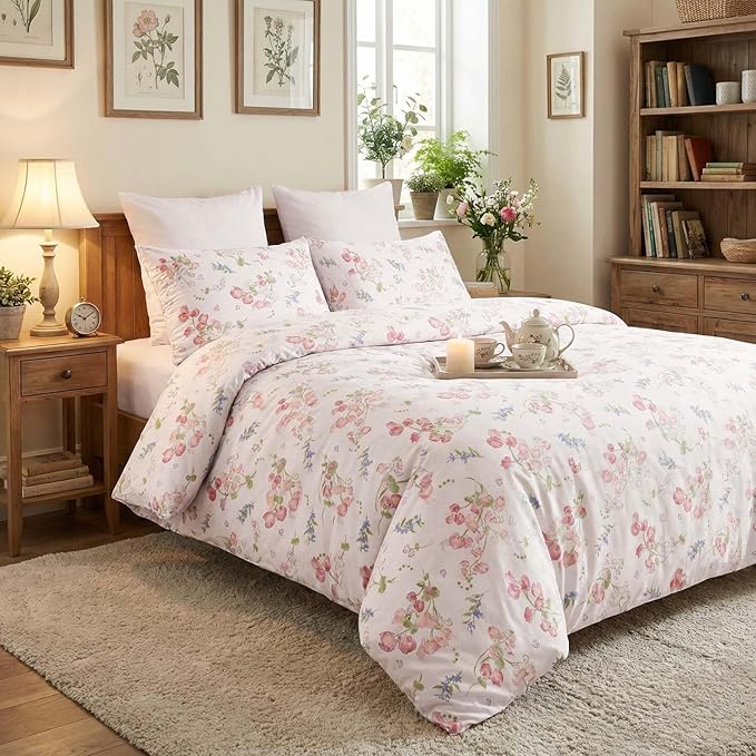 Nayoroom Pink Floral Duvet Cover Queen Size Spring Botanical Blooms Flower Cottagecore Duvet Cover 3 Pieces Soft Lightweight Microfiber Aesthetic Bedding Set Gift for Women Men