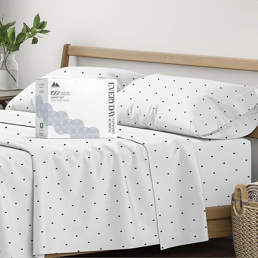 Mayfair Linen 100% Organic Cotton Printed Sheets Twin XL Size - 3 PC Organic Cotton Percale Sheets Twin XL (Polka Dot - Navy), Cooling Sheet for Dorm Room, 16" Deep Pocket Bedding Set - GOTS Certified