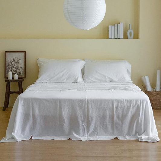 Simple&Opulence Belgian Linen Sheet Set Solid Color - 6 Pieces (1 Flat Sheet & 1 Fitted Sheet & 4 Pillowcases) 16" Deep Pocket Natural Flax Cotton Blended Soft Bedding - White, King Size