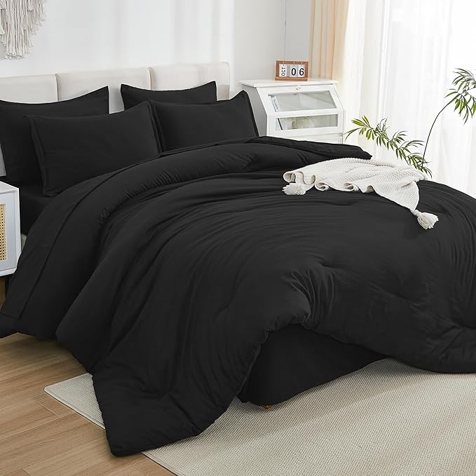 Litanika Twin Comforter Sets Black - 5 Pieces Bed in a Bag Beddding Sets, Solid Lightweight Bed Set with Comforter, Sheets, Pillowcase & Sham