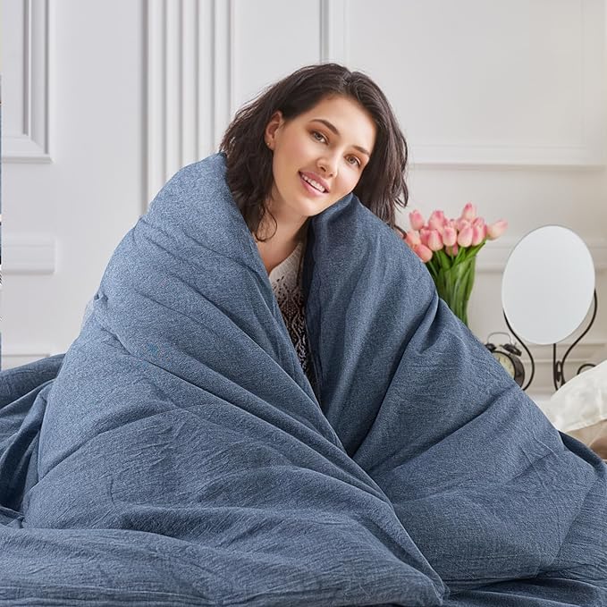 NEXHOME PRO Duvet Cover Full 100% Washed Cotton, Organic Natural Linen Like Textured, Breathable, Durable, Home Bedding Set, Heathered Blue 8090
