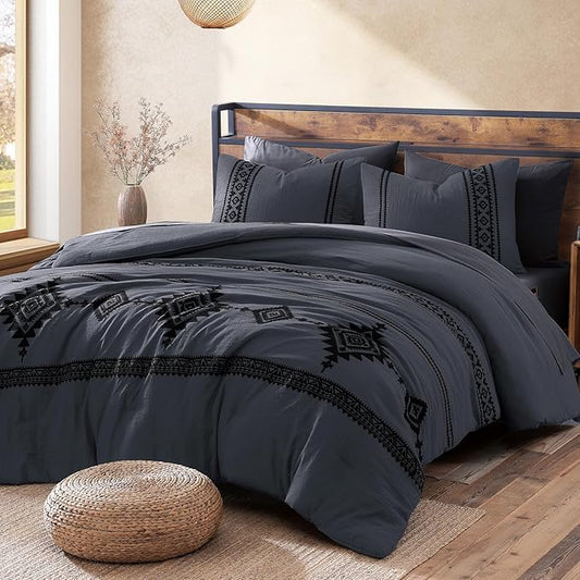 MaiRêve Embroidery Full Size Comforter Set Crown Blue, Farmhouse Western Boho Bedding Set 7 Pieces, All Season Bed in A Bag Comforter Set with Sheets, Pillowcases & Shams