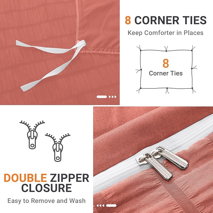HYMOKEGE Coral Red Duvet Cover Full Size, Ultra Soft 3-Piece Seersucker Duvet Cover Set with Zipper Closure, Soft Brushed Microfiber Bedding Set with 8 Corner Ties (80"x90", 2 Pillowshams)