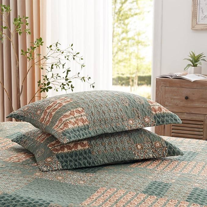LEAONME Quilt Set - Full/Queen Size Floral Paisley Olive Green Bedding Set with 2 Pillow Shams