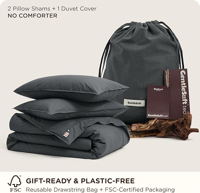 Bedsure Cotton Duvet Cover Queen - Luxury Slub Weave 100% Cotton Duvet Cover with a Linen Like Textured, Easy Change Durable Bedding, Charcoal, 90" x 90"