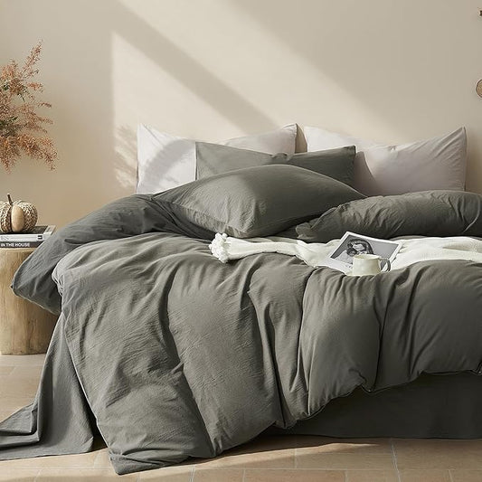 JELLYMONI Duvet Cover Twin Size - Washed Cotton Comforter Cover with Linen-Like Texture,Breathable & Soft Bedding for Modern Home,Guest Room and Everyday Use,Dark Grey 1 Duvet Cover & 1 Pillowcase