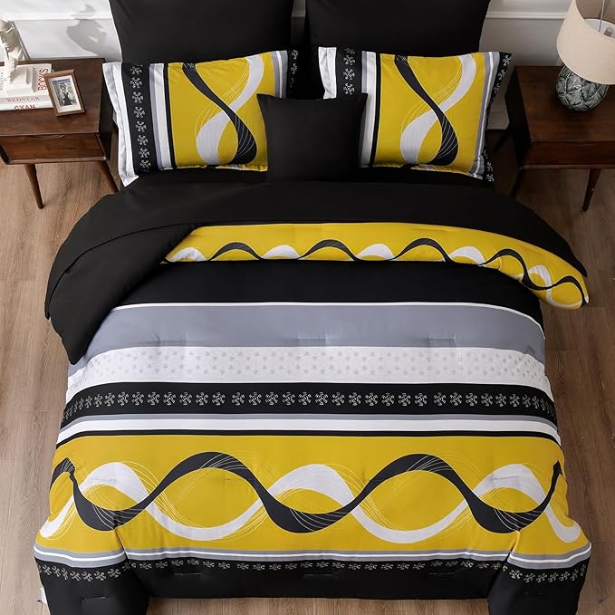 Anibedding Yellow Black Comforter Set King Size,8 Pieces Bed in a Bag Patchwork Striped Bedding Sets,Boho Soft Microfiber Bedding Set for All Season(104"×90")