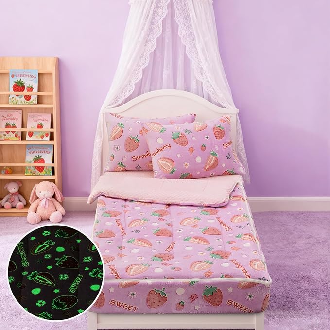 A Nice Night Chic Cute Strawberry Plush Zippered Comforter Set,Zipper Bedding Glow in The Dark for Child, Twin