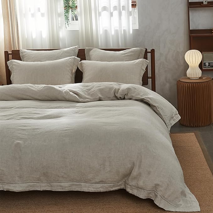 Simple&Opulence 100% Washed Linen Duvet Cover with Embroidered, 3 Pieces Soft Farmhouse Comforter Set with Button Closure, 1 Duvet Cover and 2 Pillowshams(Full,Natural Linen)