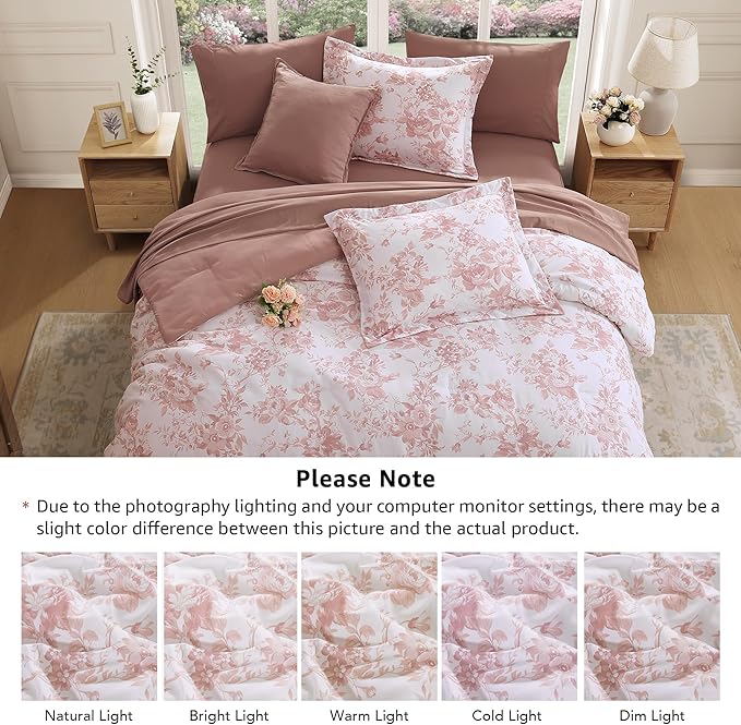 Twin XL Comforter Set -5 Pieces Floral Rose Bedding Set for All Seasons, Bed in a Bag with Botanical Flowers Comforter, Sheets, Pillowcase & Sham