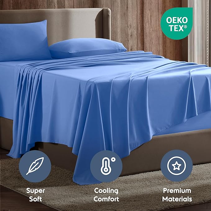 Nestl Split King Sheet Set - 1800 Ultra-Soft Microfiber Bed Sheets - Double Brushed - Deep Pockets - Easy Fit - 5 Piece Set - Bed Sheets & Pillowcases (Split King, Calm Blue)