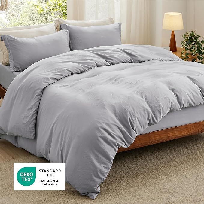 Bedsure Duvet Cover Queen Size with Fitted Sheet - 4 Pieces Prewashed Cotton-Like Polyester Extra Soft Bedding Set, Includes 1 Duvet Cover 90x90 Inches, 2 Pillow Shams, 1 Fitted Sheet, Light Grey