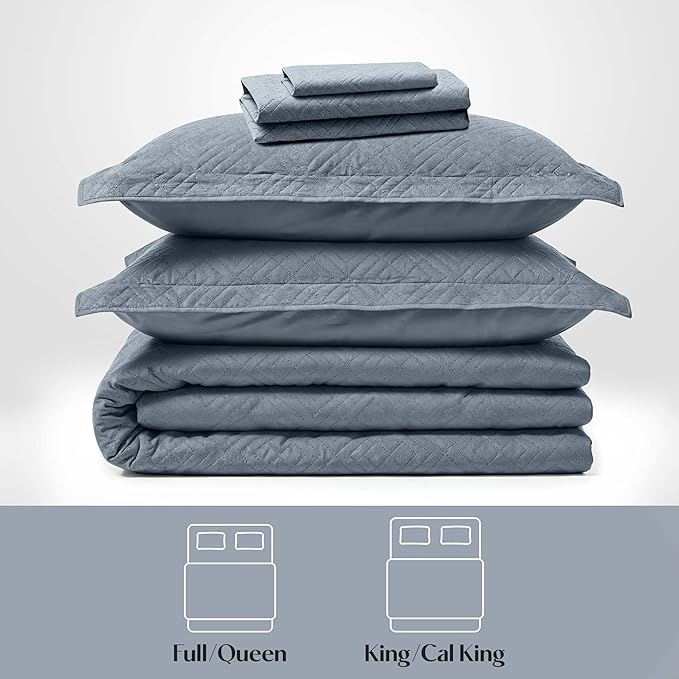 Hearth & Harbor King Quilt Set – All-Season Lightweight Bedspread & Coverlet with Pinsonic Weave - 7 Piece King Quilt Set with Pillow Shams, Steel Blue - King Diamond