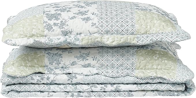 Brilliant Sunshine Multi Blue and Beige Floral Patchwork, 3-Piece Quilt Set with 2 Shams, Reversible Bedspread, Soft Lightweight Coverlet, All-Season, Full/Queen, Blue White