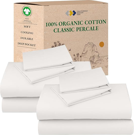 California Design Den 2-Pack 100% Organic Cotton Sheet Sets Full Size Bed - Crisp Percale Feel, Deep Pocket Sheets, Lightweight Bedding Set - True Ivory