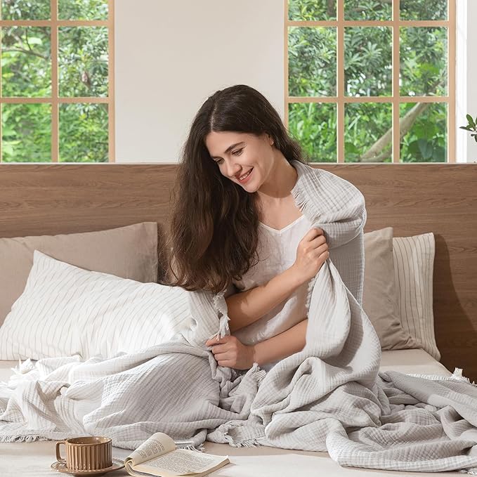 MooMee Muslin Blanket - 100% Cotton 4-Layer Gauze Throw Blanket with All-Around Fringe, Ultra-Soft Breathable Lightweight Cooling Decorative for Bed, Sofa & Couch (Light Grey,Throw 60" x 50")