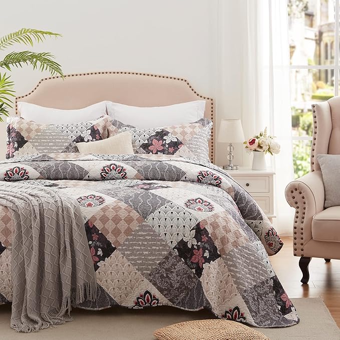 Full/Queen Size Quilt Set 3 Pieces Lightweight Reversible Bedspread-90''x98'' Soft Patchwork Floral Coverlet Luxurious Warm Microfiber Bed Cover All Seasons Gray Bedding Set(1 Quilt,2 Pillow Shams)