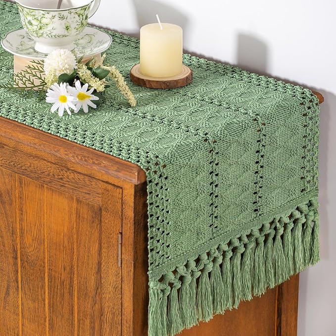 Socomi Sage Green Boho Table Runner Macrame Long Valentine's Day Farmhouse Woven Cotton Linen Rustic Coffee Table Runner with Tassels for Dresser Scarf Home Decor Dining Room 12x108 inch