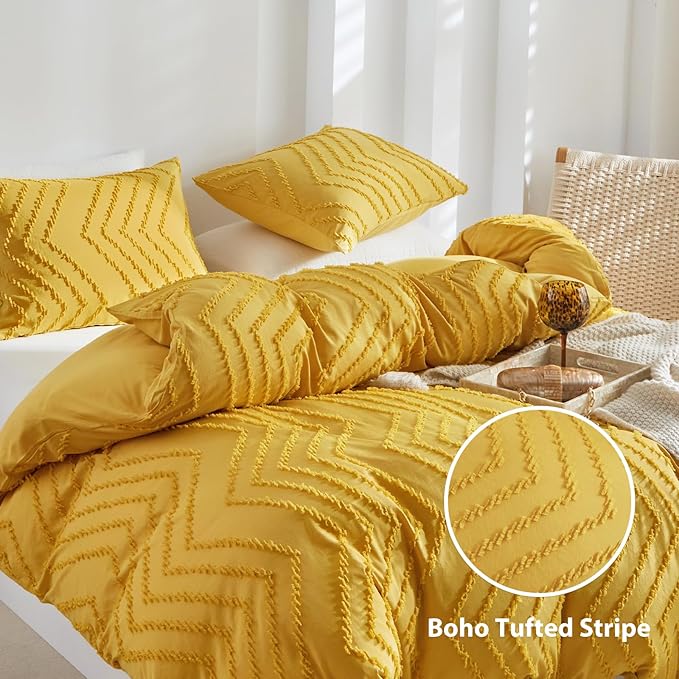 WARMDERN Boho Duvet Cover Set, Tufted Bedding Duvet Covers Soft Washed Microfiber Duvet Cover Queen Size, 3 Pieces Embroidery Shabby Chic Duvet Cover with Zipper Closure(Bright Yellow, Queen)
