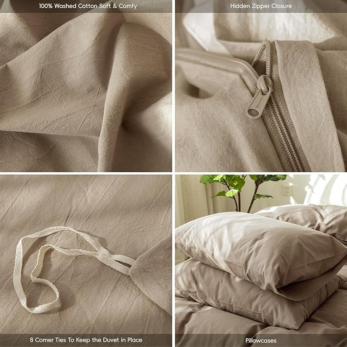 MooMee Bedding Duvet Cover Set 100% Washed Cotton Linen Like Textured Breathable Durable Soft Comfy (Mocha Brown, Alaska King)