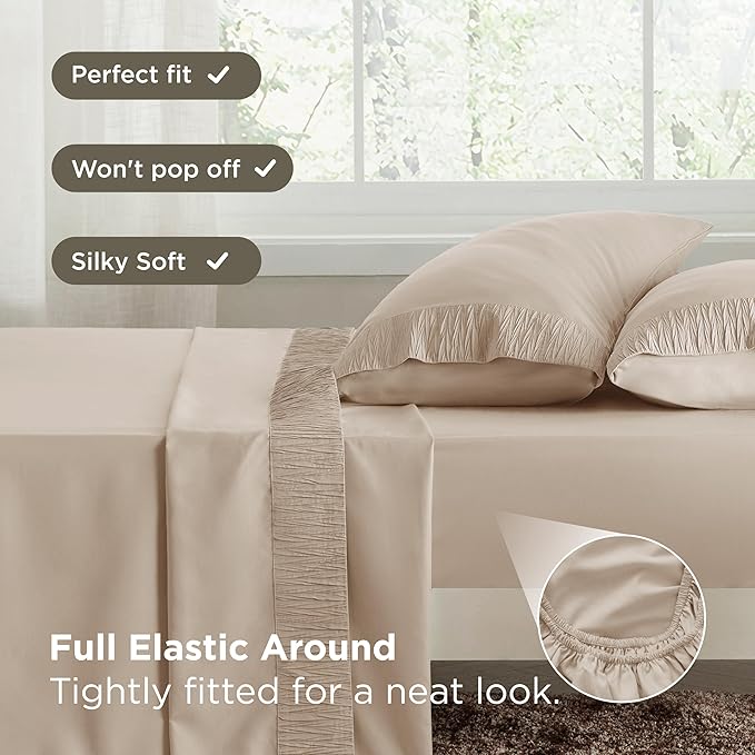 Bedsure Full Size Bed Sheets - 4 Pieces Soft Full Sheet Set - Breathable & Cooling - Hotel Luxury - Easy Care Polyester Microfiber Bedding for Women, Men, Beige