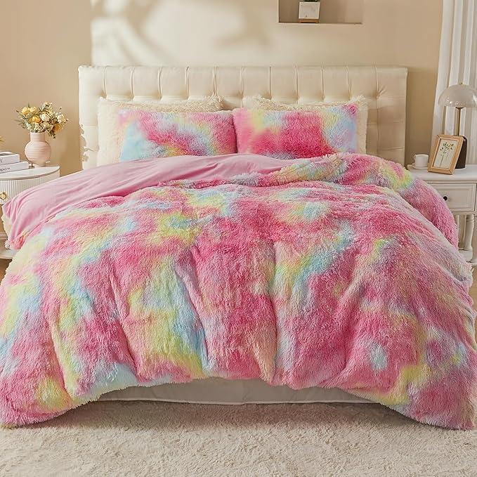 EMME Luxury Fuzzy Duvet Cover Set Queen Size Fluffy Comforter Cover Set for Queen Bed 2 Pieces Shaggy and Plush Soft Bedding Duvet Covers (Rainbow Colorful Pink, Queen)
