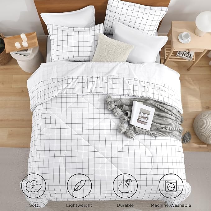 Andency Queen Comforter Set White Gingham, Plaid Grid Checkered Bedding Comforter Set Queen Size, 3 Pieces Lightweight Reversible Geometric Modern Bedding Set(90x90 Inch)