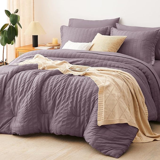CozyLux Oversized King Comforter Set Dusty Purple Seersucker 7 Pieces 120x98 Bed in a Bag Comforter Set with Sheets, Luxury Bedding Sets with Down Alternative Comforter, Sheets, Pillowcases & Shams