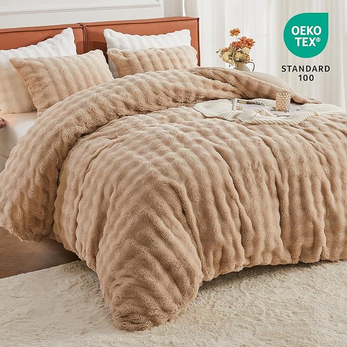 EMME Faux Fur Duvet Cover Twin Size, 2 Pieces Ultra Soft Fluffy Comforter Cover, Cozy Warm for Winter, Luxury Elegant Shaggy Bubble Design Bedding, 1 Duvet Cover & 1 Pillow Shams (Twin, Beige)
